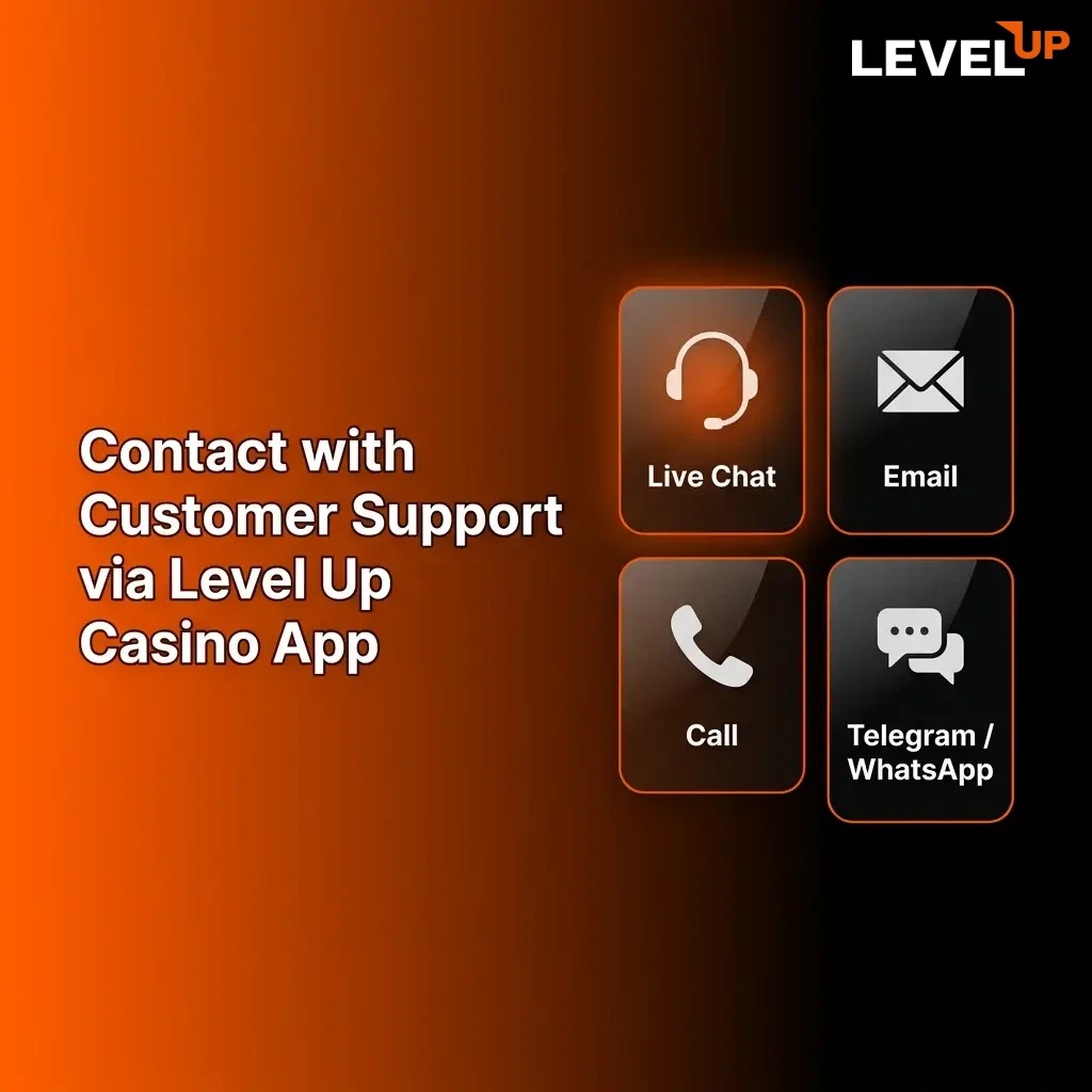 Level Up Casino app showing customer support options including live chat, email, and FAQ help centre access