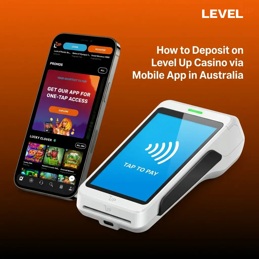 Mobile phone showing Level Up Casino app deposit screen with cashier menu and AUD payment options in Australia
