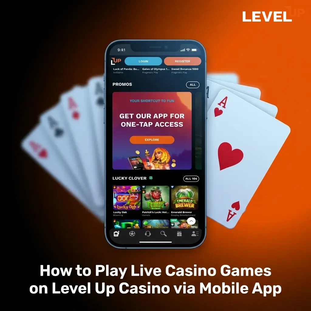 Person playing live casino games on Level Up Casino mobile app with live dealer stream on smartphone screen.