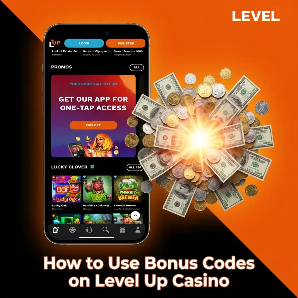 A step-by-step guide showing how to enter a bonus code in Level Up Casino's cashier deposit section.