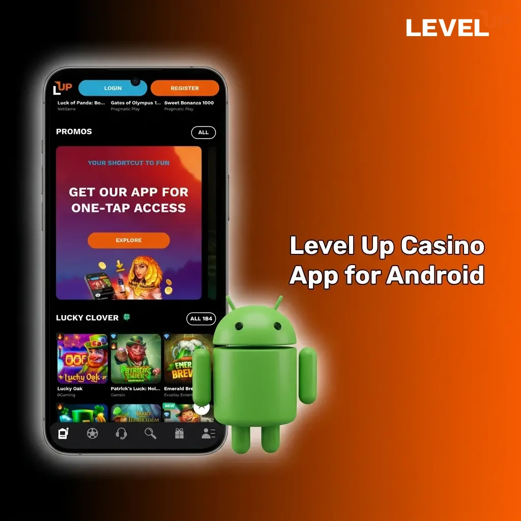 Android smartphone displaying the Level Up Casino app interface with sports betting and casino games options