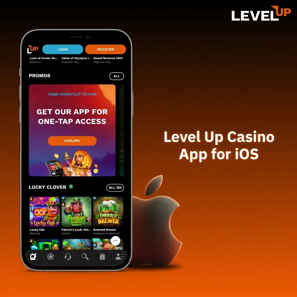 iOS Level Up Casino app interface on iPhone and iPad, showing the optimized betting and casino experience for Apple devices.