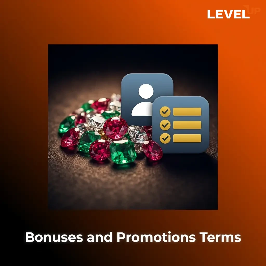 Illustrated list of Level Up Casino bonus terms covering wagering, eligibility, expiry, and withdrawal conditions for promotions.