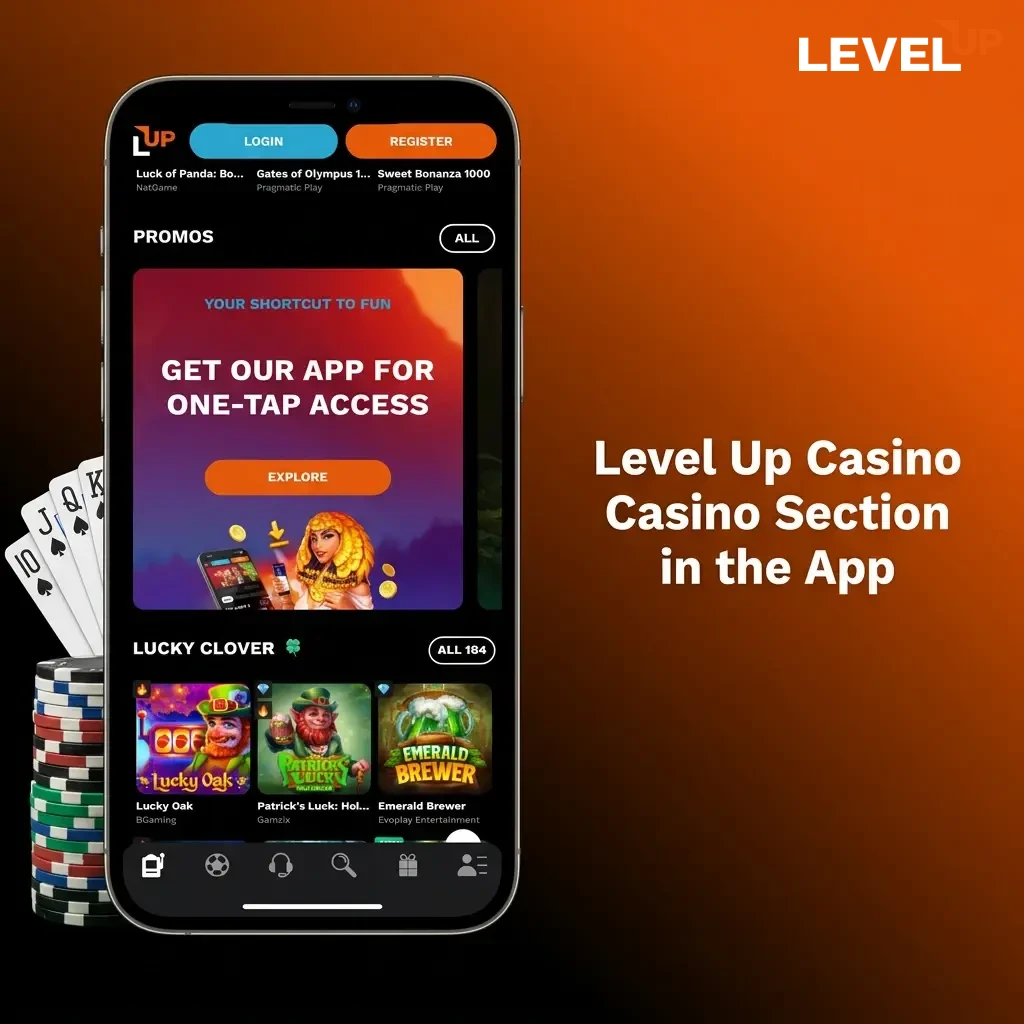Level Up Casino app casino section showing game categories including slots, live casino, and table games