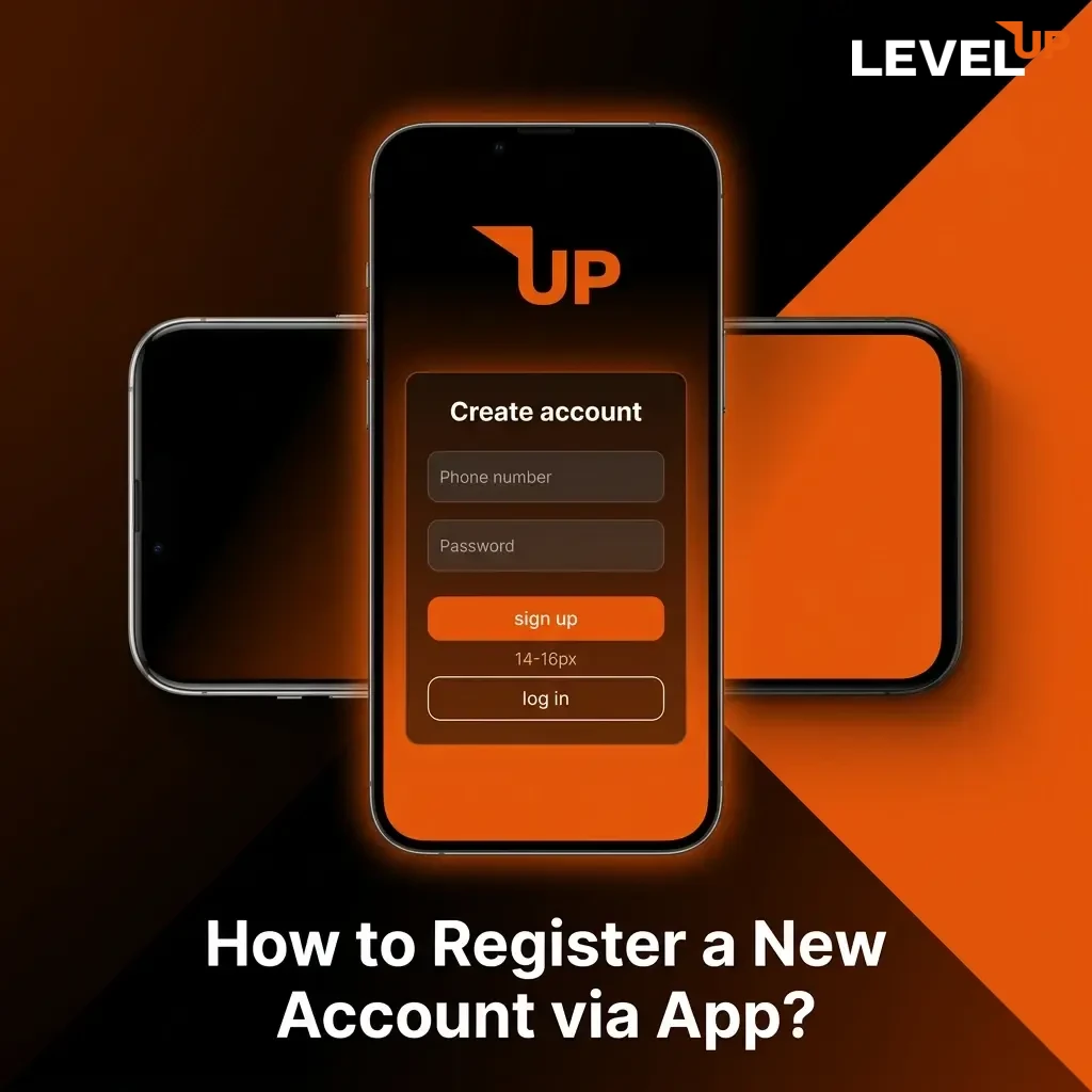Smartphone screen showing Level Up Casino app registration steps including sign-up method selection and account confirmation