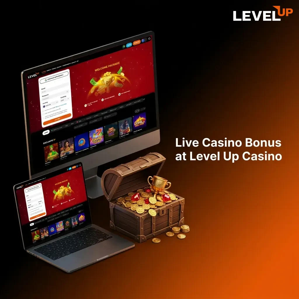 Level Up Casino welcome bonus offer showing 475% up to 5,500 AUD plus 250 free spins for new players