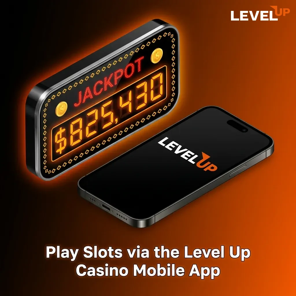 Mobile phone displaying Level Up Casino slot lobby app with touch-optimized interface on iOS and Android devices.