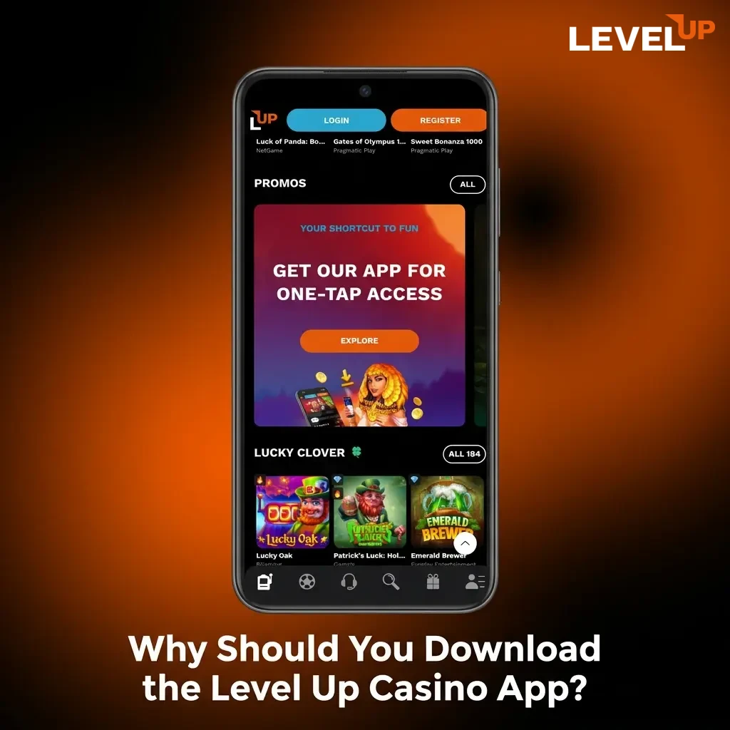 Level Up Casino app on mobile screen showing sportsbook, pokies, and live casino games for fast betting access.