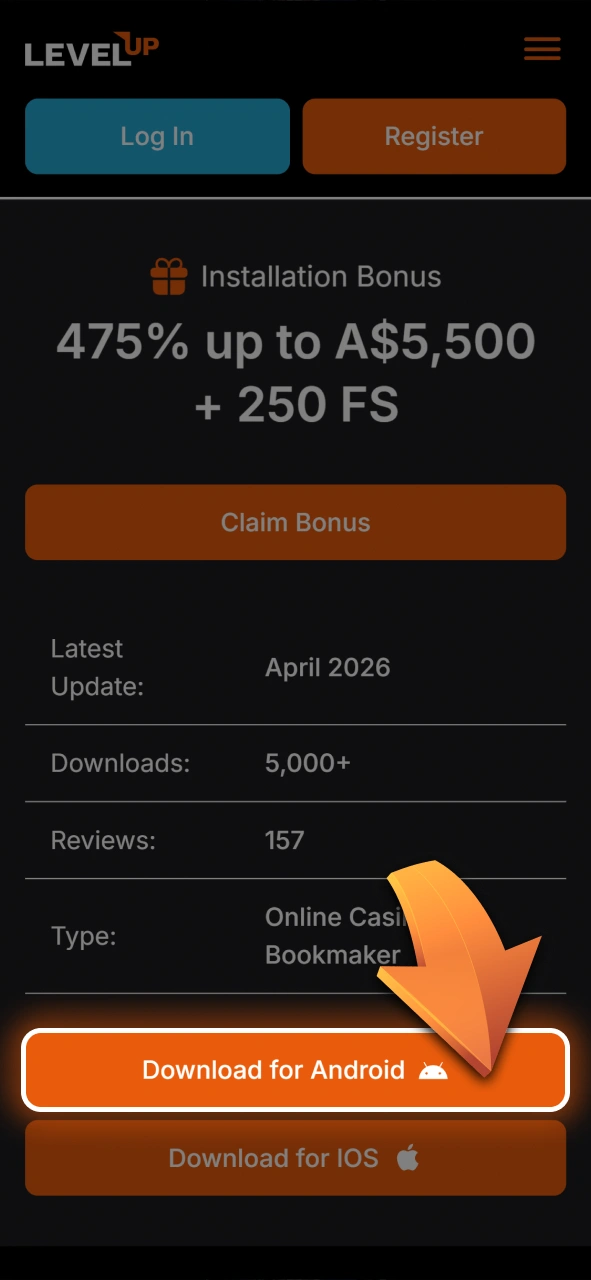 Tap the quick download link button to get the Android APK package at Level Up.
