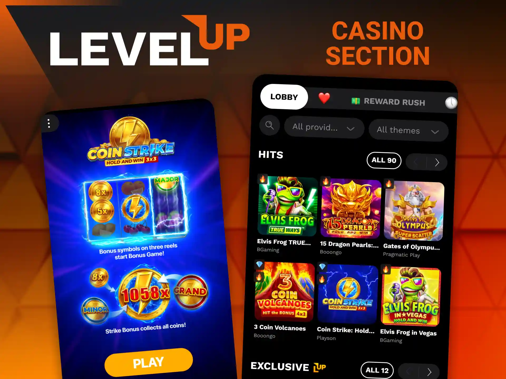 Open the interactive online slots and table games catalog within the Level Up mobile app.