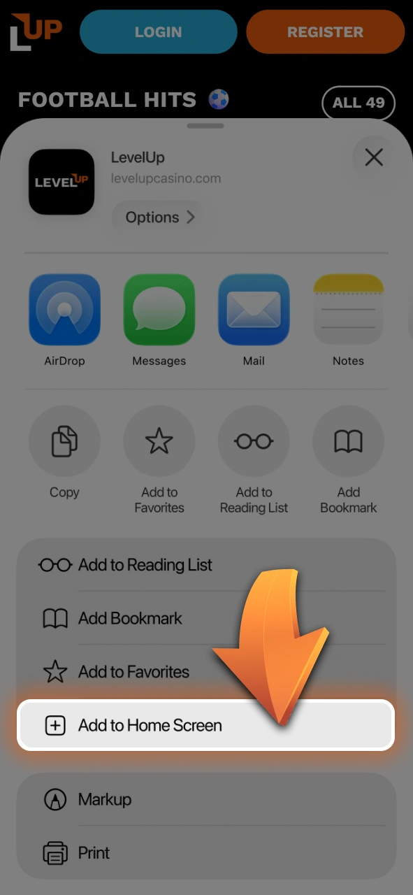 Choose the Add to Home Screen option in Safari to place the Level Up app on iOS.