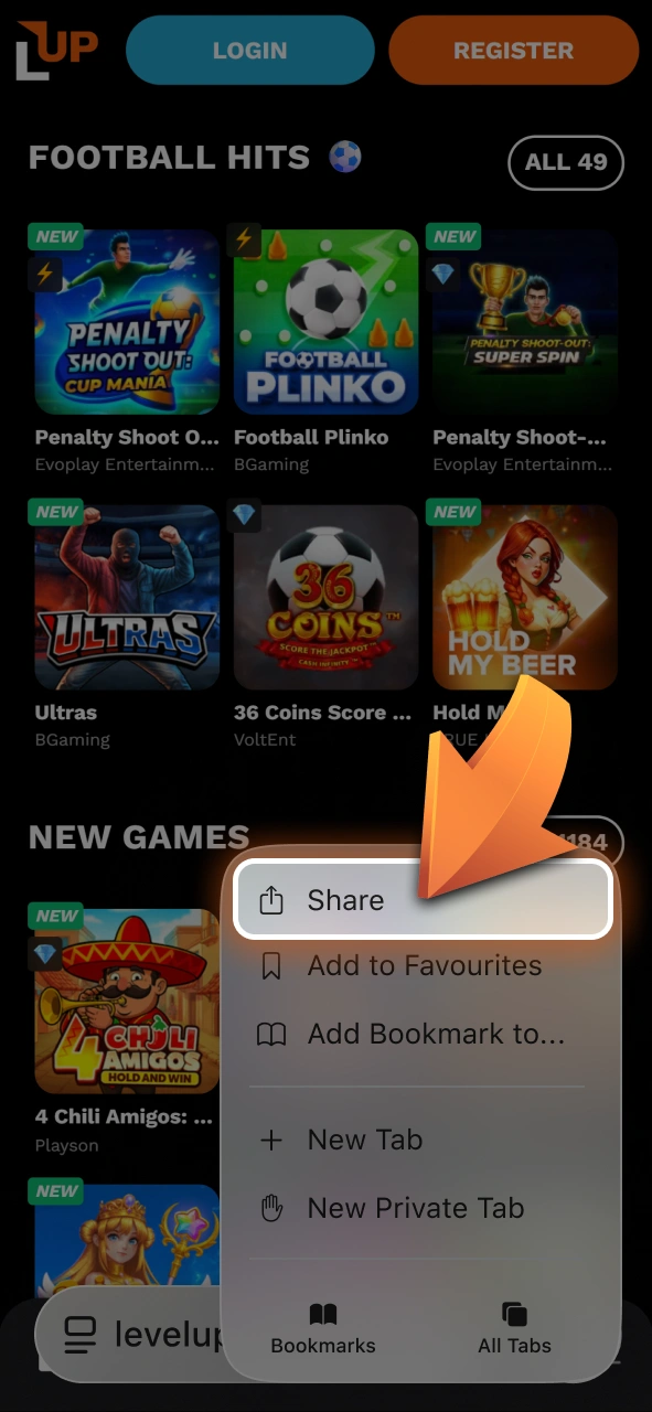Tap the share button in your browser navigation bar to start installing Level Up on iOS.
