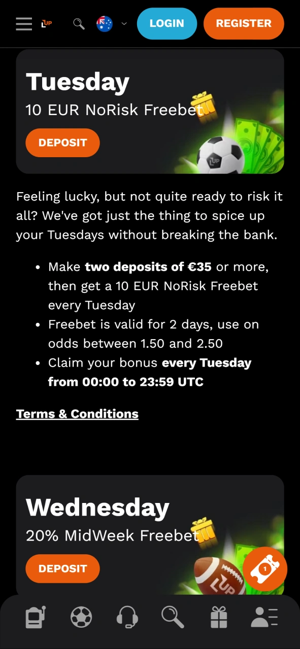 View the smartphone screenshot showcasing the active promotional bonus deals at Level Up.