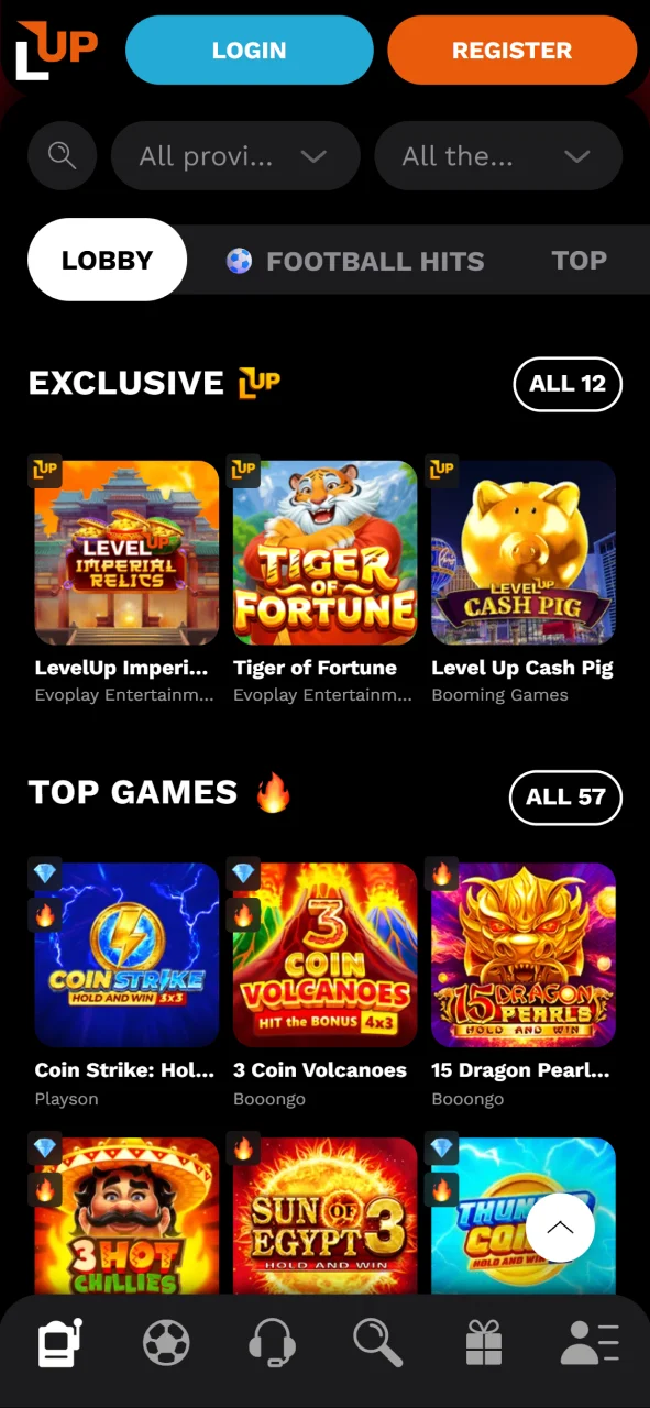 Check the mobile screenshot displaying the video slots gaming lounge layout at Level Up.
