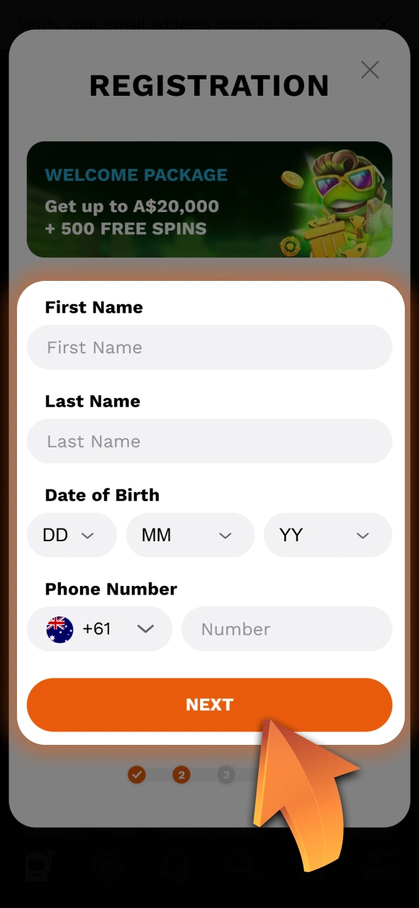 Fill out the required sign-up fields within the mobile app interface at Level Up.