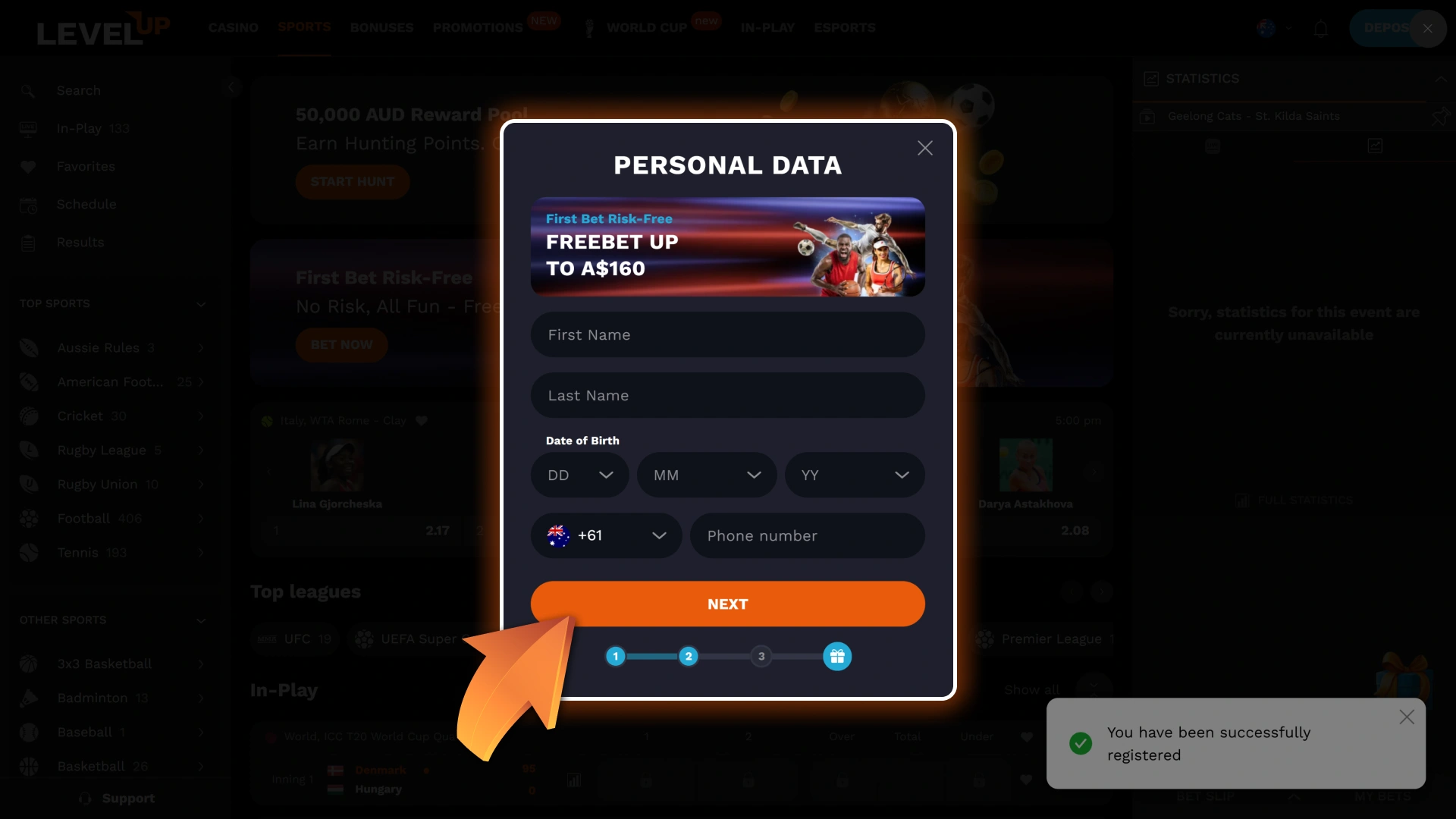 Input your accurate personal information to finalize your player account registration at Level Up.