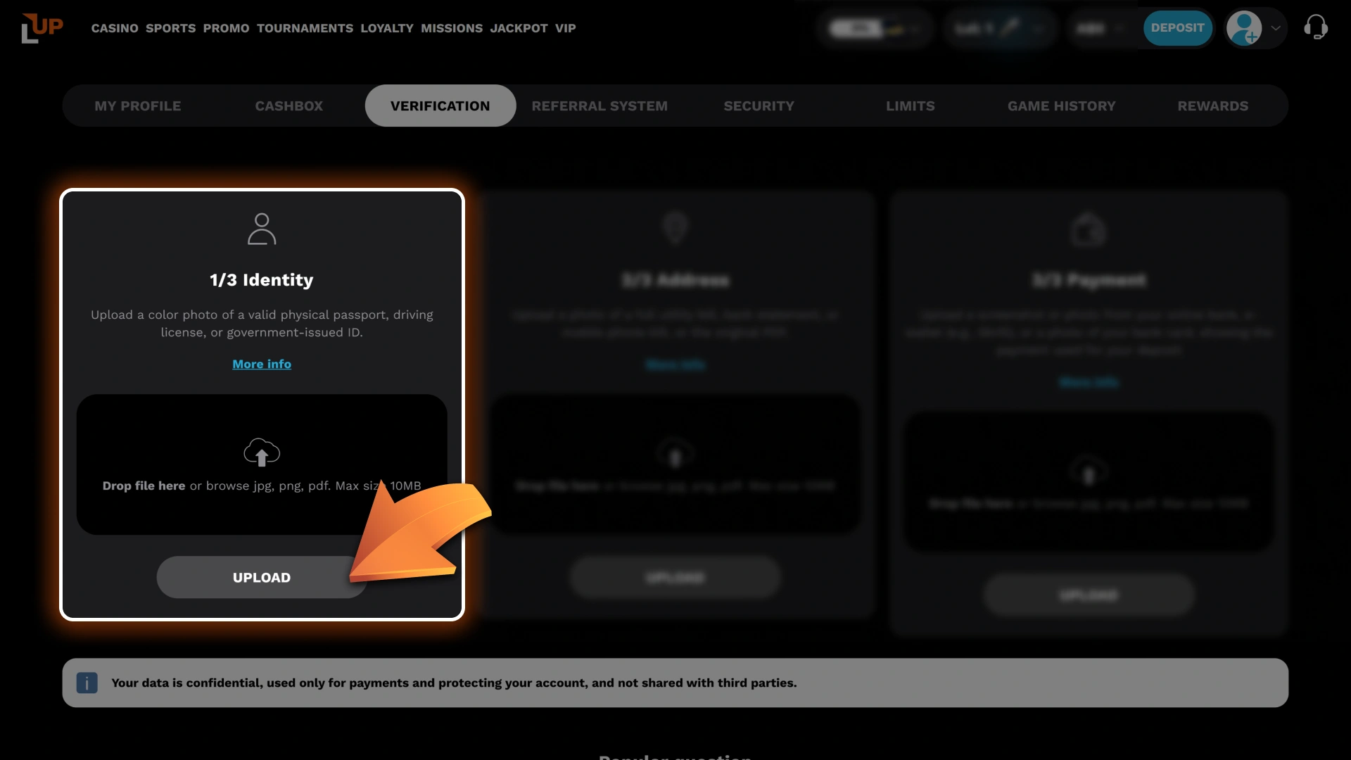 Submit a clear photo of your official ID document to verify your identity at Level Up.