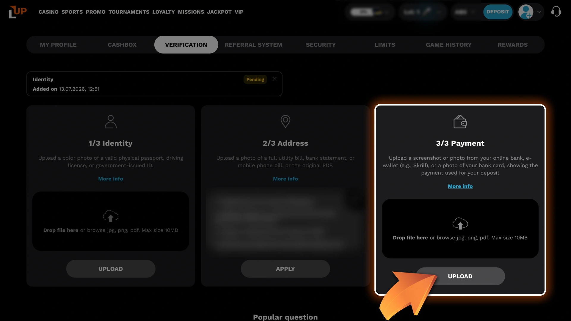 Verify your preferred payment method ownership to secure your wallet features at Level Up.