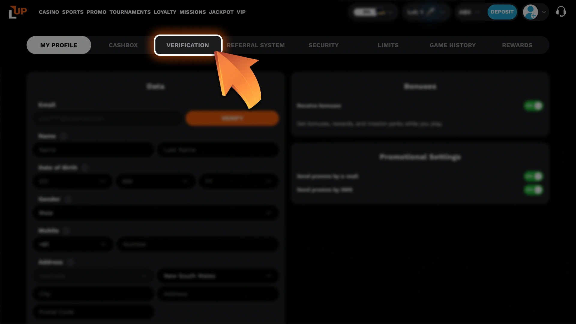 Navigate through your profile settings panel to track your current account verification status at Level Up.